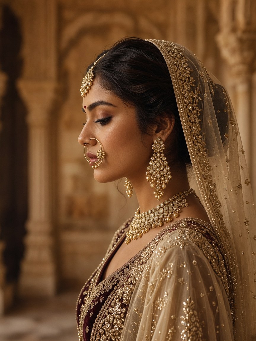Placeholder cinematic profile of a bride inside a palace interior.