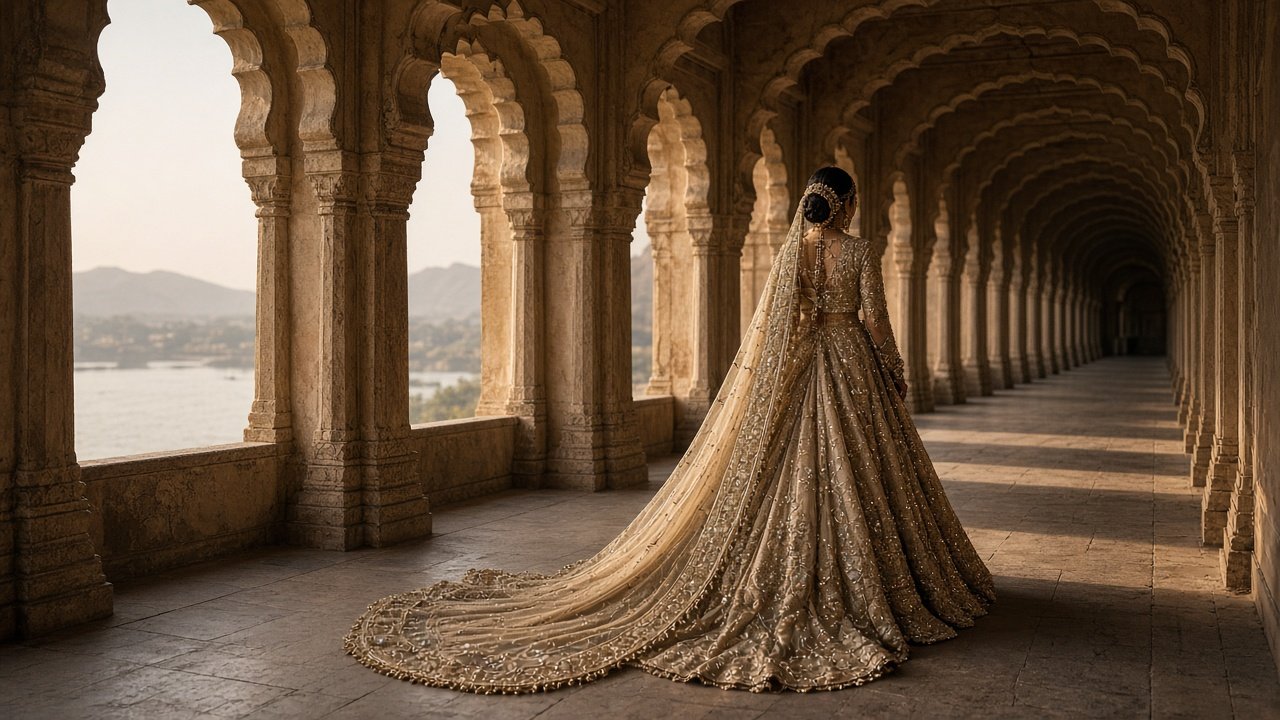Placeholder of a bride walking a palace arcade — to be replaced with Rahat by Raabi photography.
