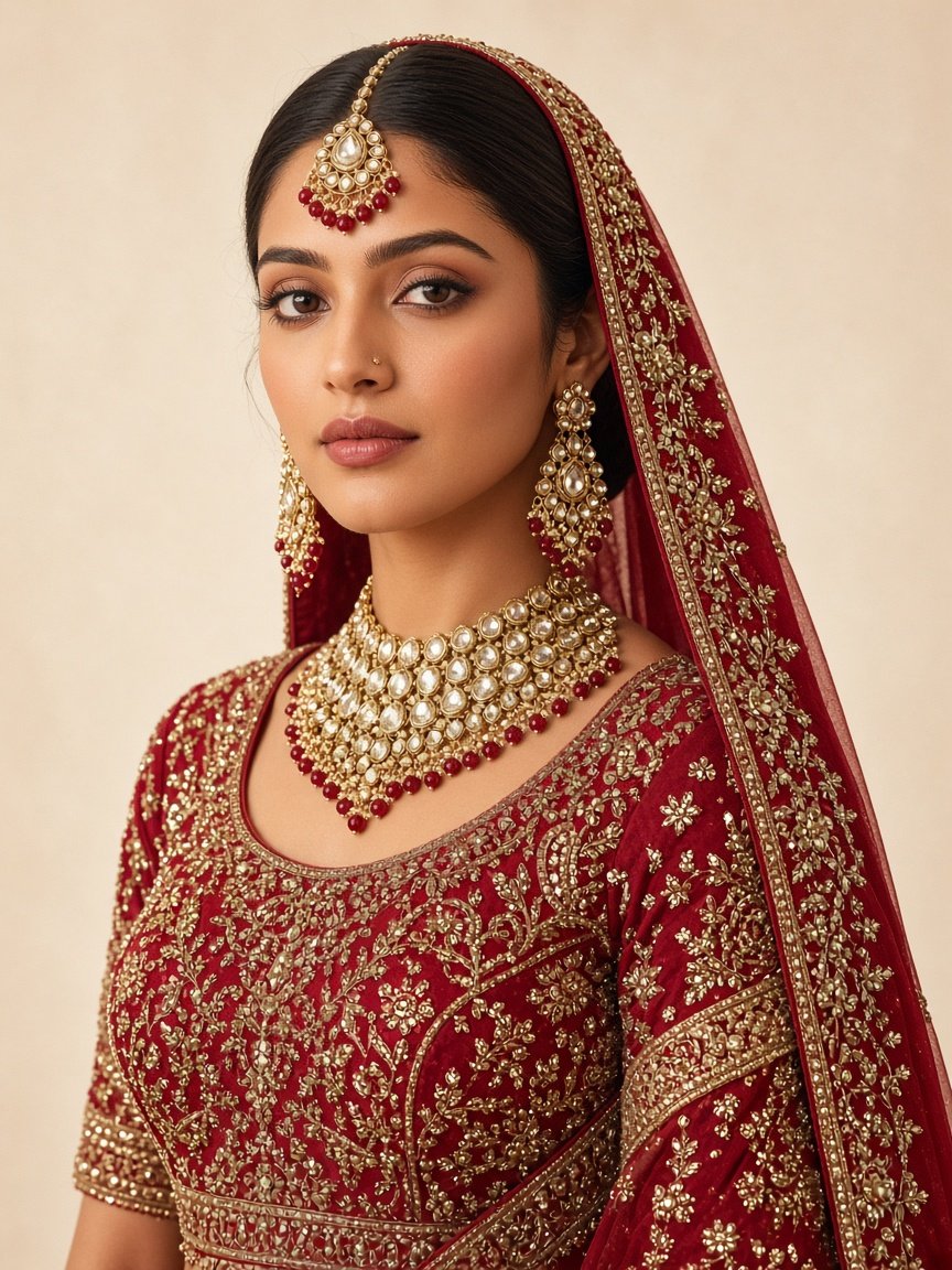 Placeholder bridal beauty portrait in traditional red and gold jewellery.